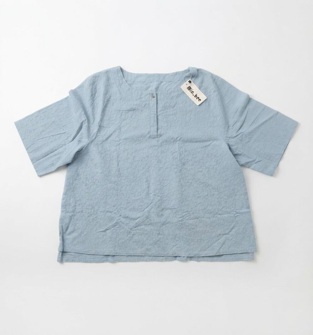 Minibee Women Blue Blouse Size 3XL Textured Short Sleeve Button Top Casual